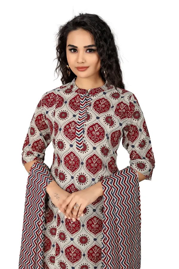 Indian_Women_Maroon_&_Off_White_Pure_Cotton_Printed__Kurta_with_Trousers_&_Dupatta
